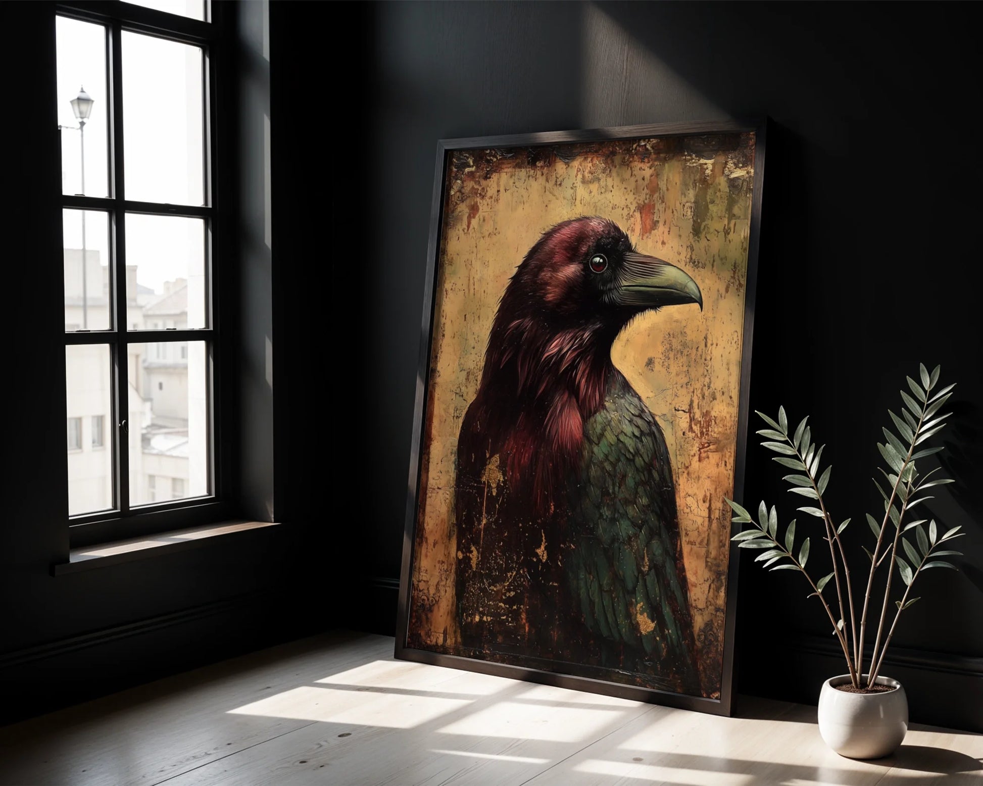 Raven Wall Art Dark Academia Byzantine Gold Canvas Print — Antique-style feathered creature illustration brings old-world charm to contemporary interior design