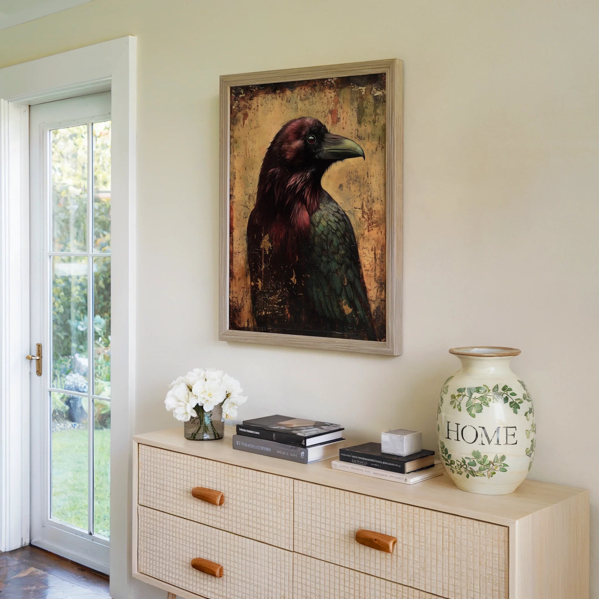 Raven Wall Art Dark Academia Byzantine Gold Canvas Print — Ornamental corvid portrait with rich patina finish complements luxury traditional interior aesthetics