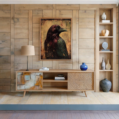 Raven Wall Art Dark Academia Byzantine Gold Canvas Print — Deep amber and emerald tones in textured bird portrait create warmth for earthy home palettes