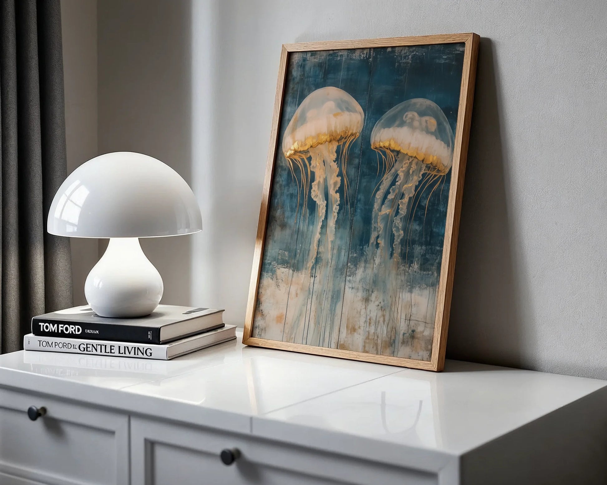 Large Jellyfish Artwork Gilded Ocean Depths Canvas Wall Art — Beachy canvas showcasing floating sea creatures in aquamarine waters for relaxed home styling