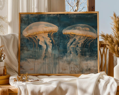 Large Jellyfish Artwork Gilded Ocean Depths Canvas Wall Art — Seafaring wall decor featuring glowing marine life in burnished bronze tones for nautical interiors