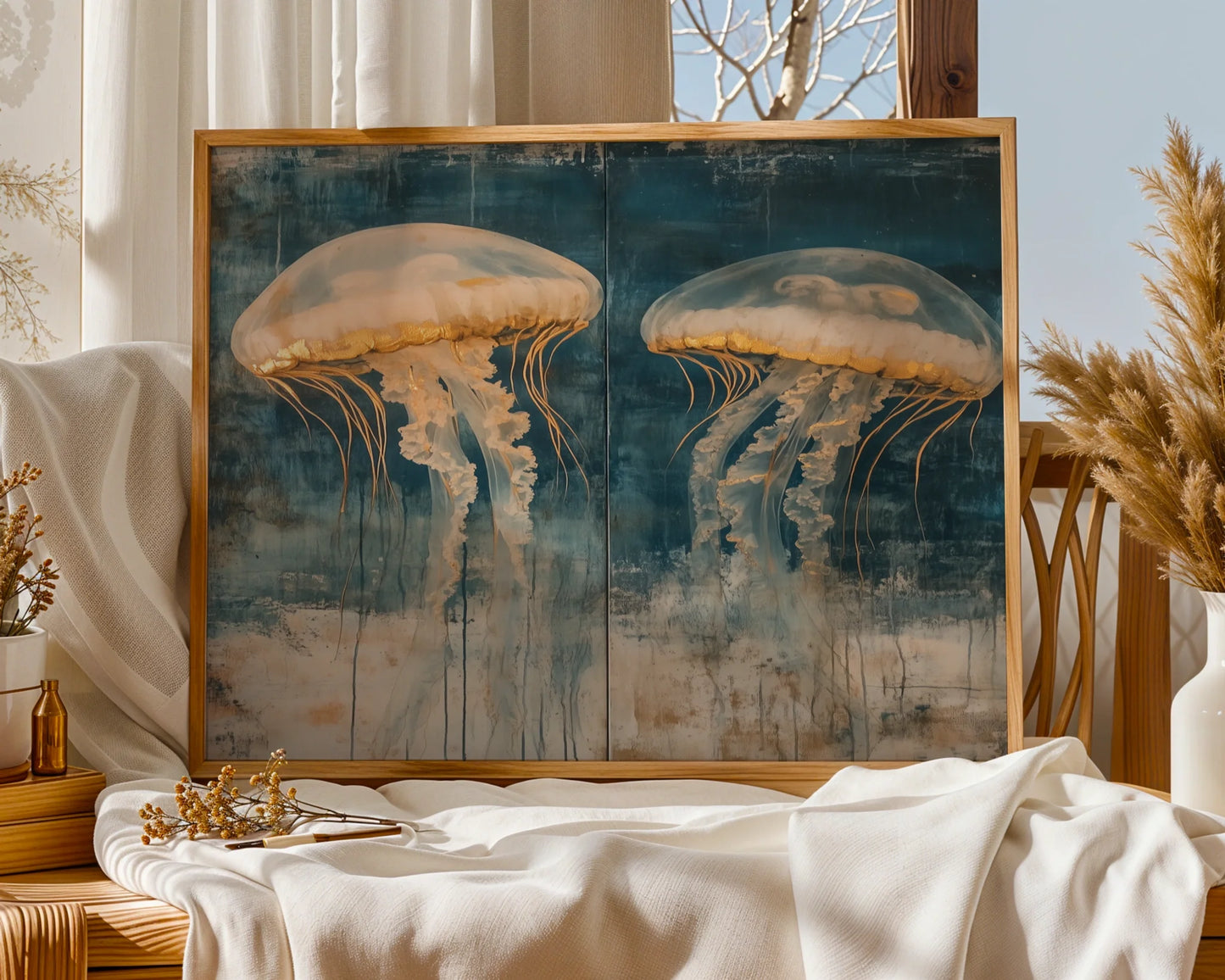 Large Jellyfish Artwork Gilded Ocean Depths in room