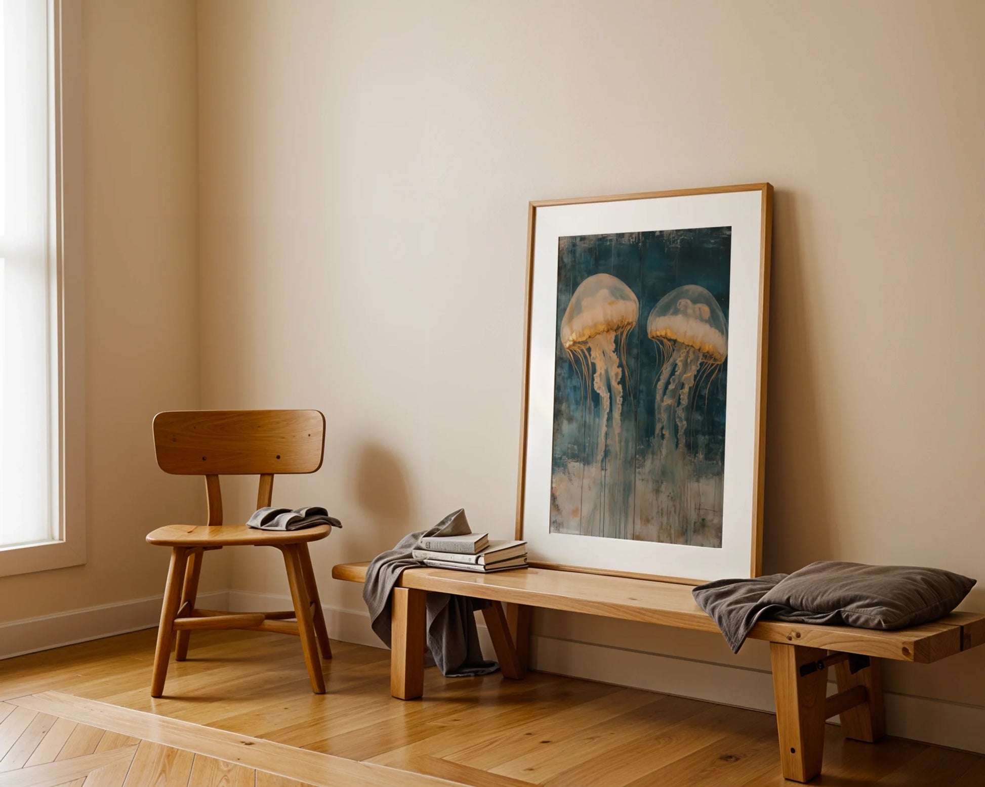 Large Jellyfish Artwork Gilded Ocean Depths in room