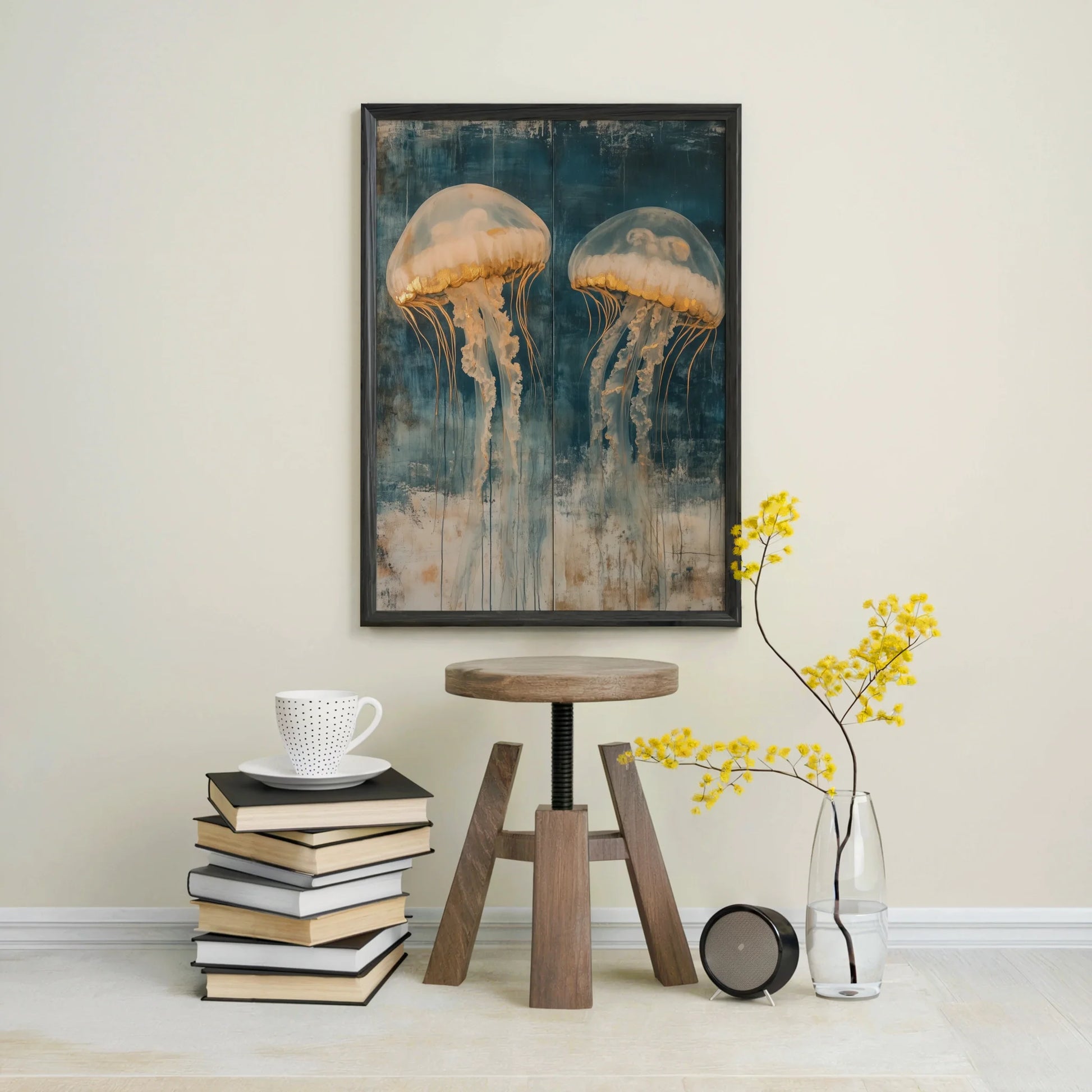 Large Jellyfish Artwork Gilded Ocean Depths Canvas Wall Art — Waterfront home accent featuring graceful aquatic forms in muted blues for coastal living spaces