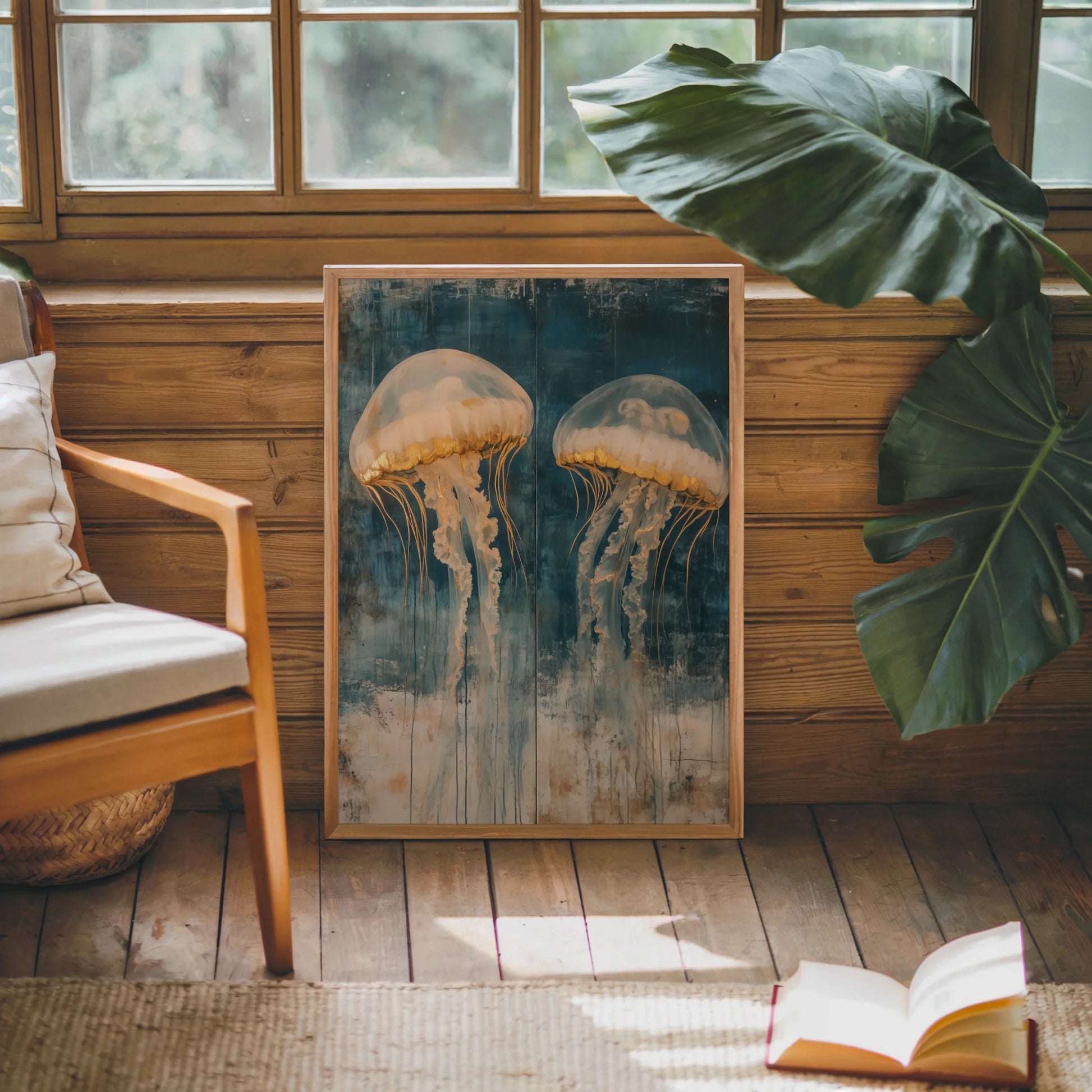 Large Jellyfish Artwork Gilded Ocean Depths Canvas Wall Art — Rich teal canvas with shimmering copper accents creating depth in contemporary wall arrangements
