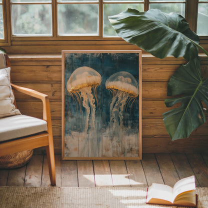 Large Jellyfish Artwork Gilded Ocean Depths Canvas Wall Art — Rich teal canvas with shimmering copper accents creating depth in contemporary wall arrangements