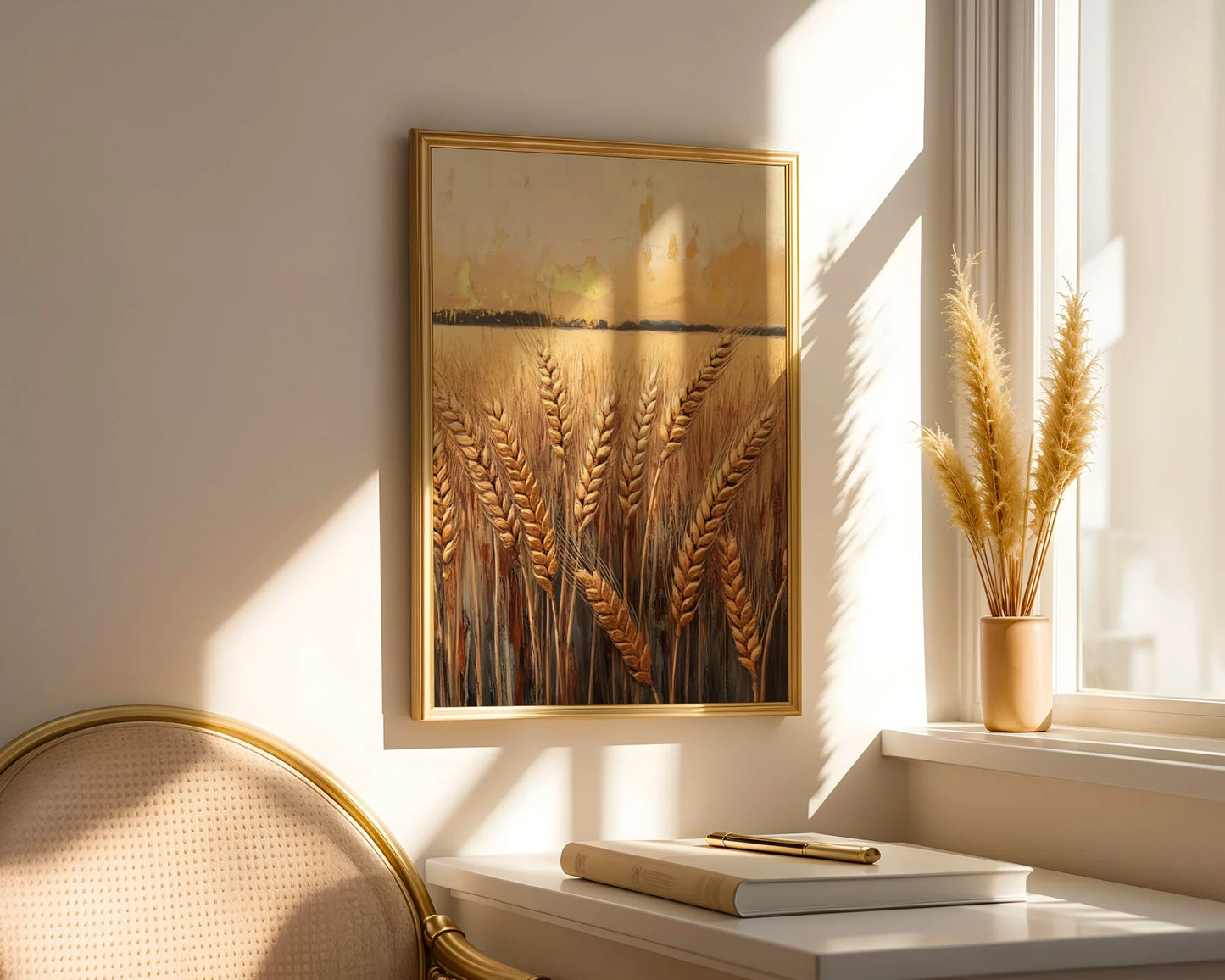 Farmhouse Wheat Field Golden Harvest Canvas Wall Art Print — Vintage inspired artwork showing autumn cereal crop stems on canvas for cottage style interiors