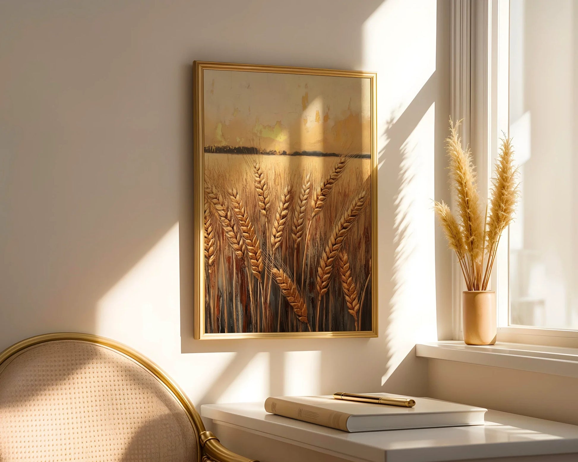 Farmhouse Wheat Field Golden Harvest Canvas Wall Art Print — Vintage inspired artwork showing autumn cereal crop stems on canvas for cottage style interiors