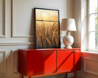 Farmhouse Wheat Field Golden Harvest Canvas Wall Art Print — Rural themed wall piece featuring weathered grain stalks captured at sunset for classic decor
