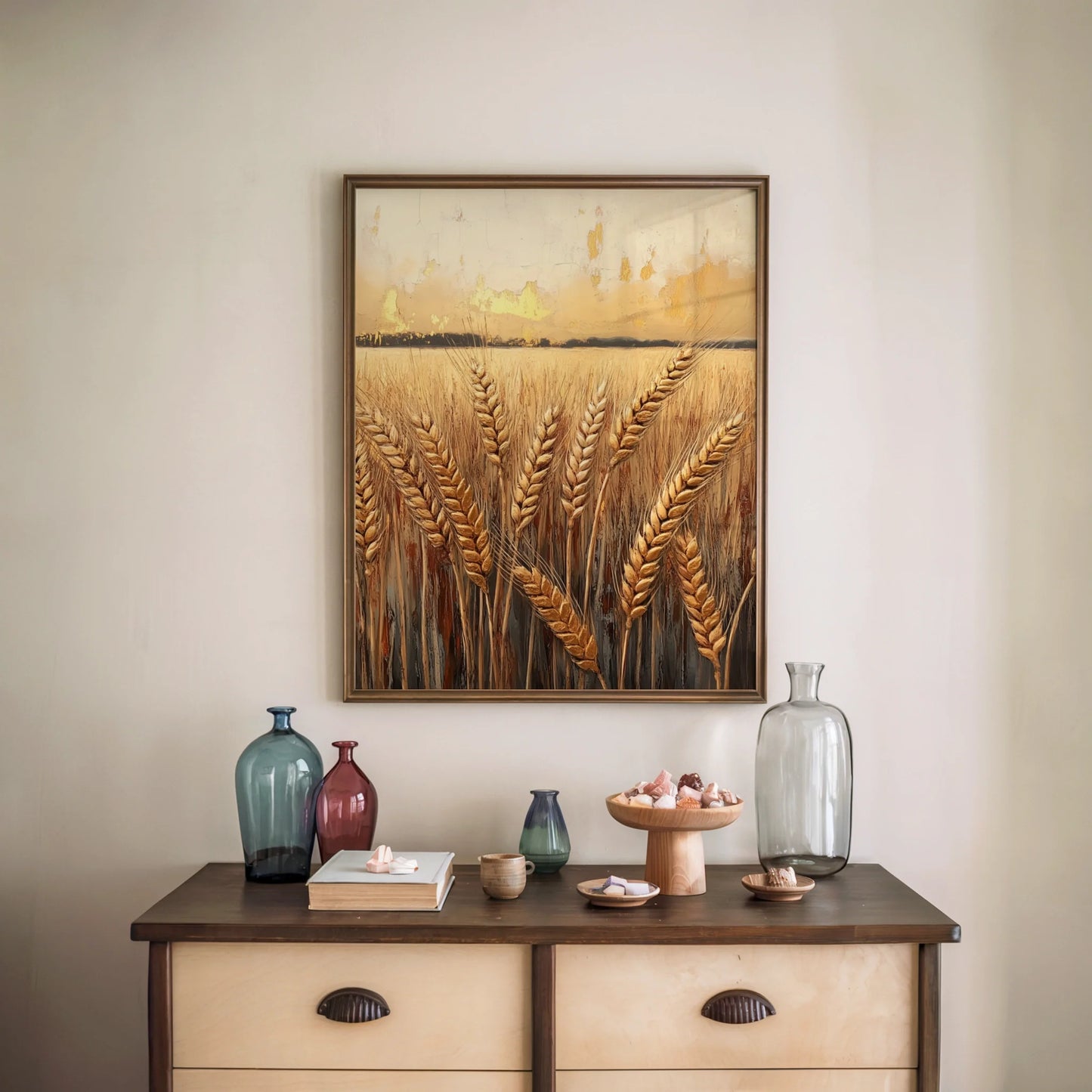 Farmhouse Wheat Field Golden Harvest Canvas Wall Art Print — Shabby chic canvas art depicting mature crop stalks with distressed finish for cottage decor