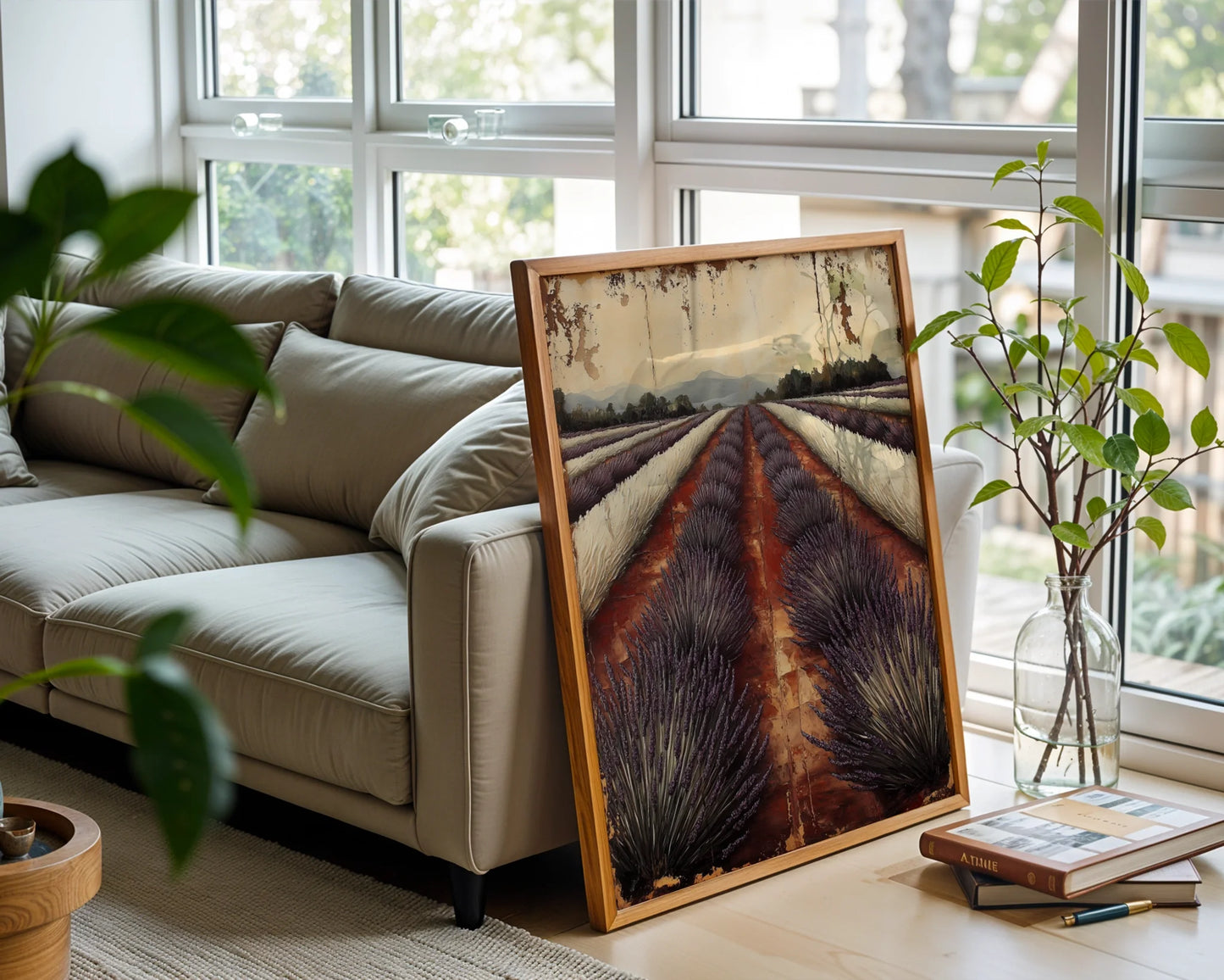 Lavender Field Farmhouse Cracked Patina Canvas Wall Art — Provincial canvas art depicts agricultural terraces winding toward horizon in timeless room design