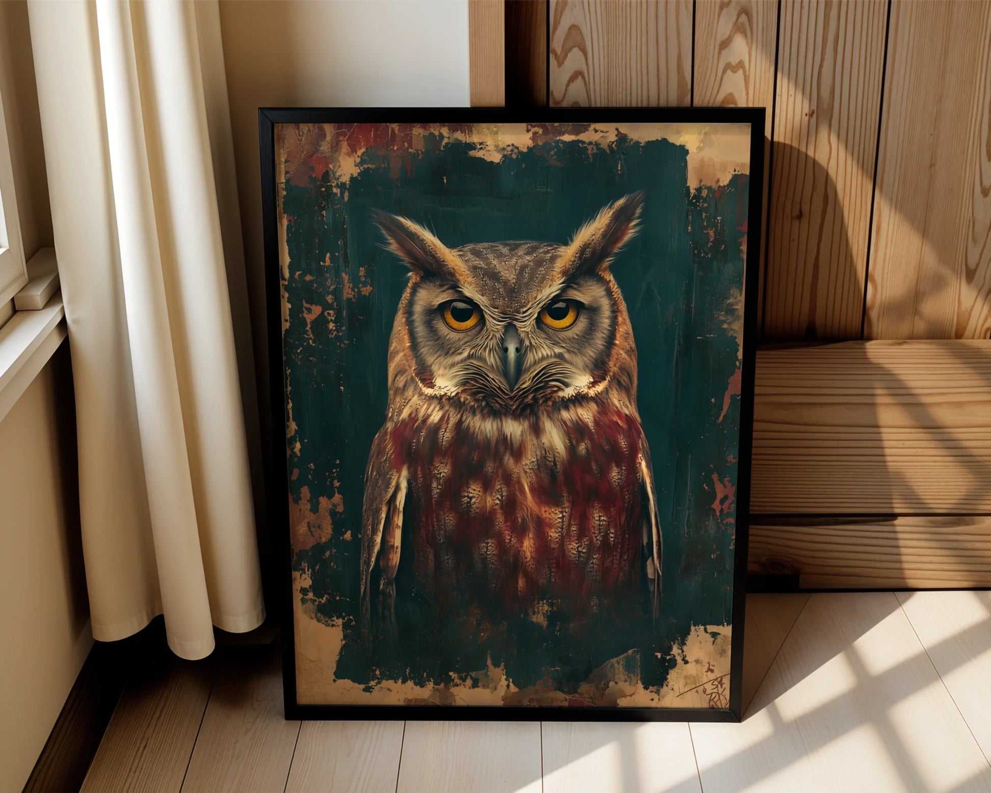 Dark Academia Owl Bronze Patina Amber Eyes in room