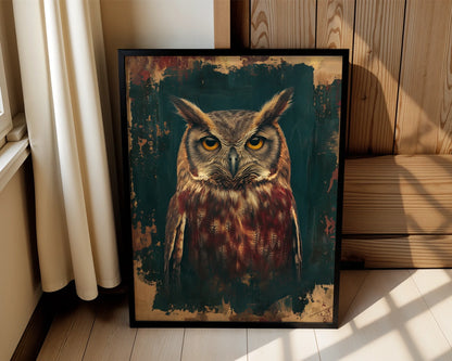 Dark Academia Owl Bronze Patina Amber Eyes in room