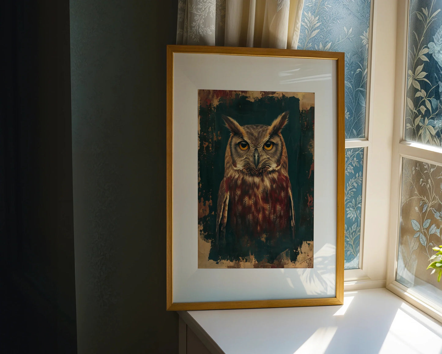 Dark Academia Owl Canvas Wall Art Bronze Patina Amber Eyes — Gothic style artwork showcasing timeless owl portrait with piercing stare for dramatic interiors