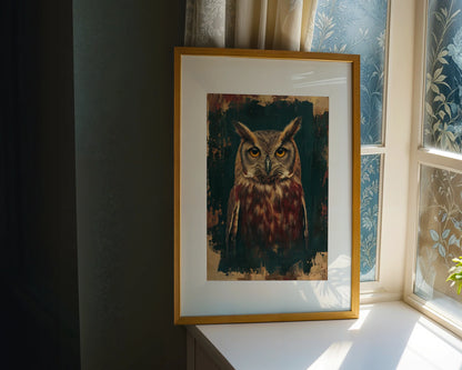 Dark Academia Owl Bronze Patina Amber Eyes in room