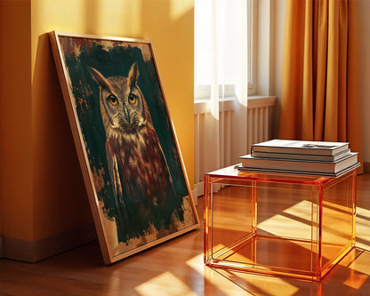 Dark Academia Owl Canvas Wall Art Bronze Patina Amber Eyes — Vintage inspired canvas displaying majestic owl with weathered finish for classic home styling