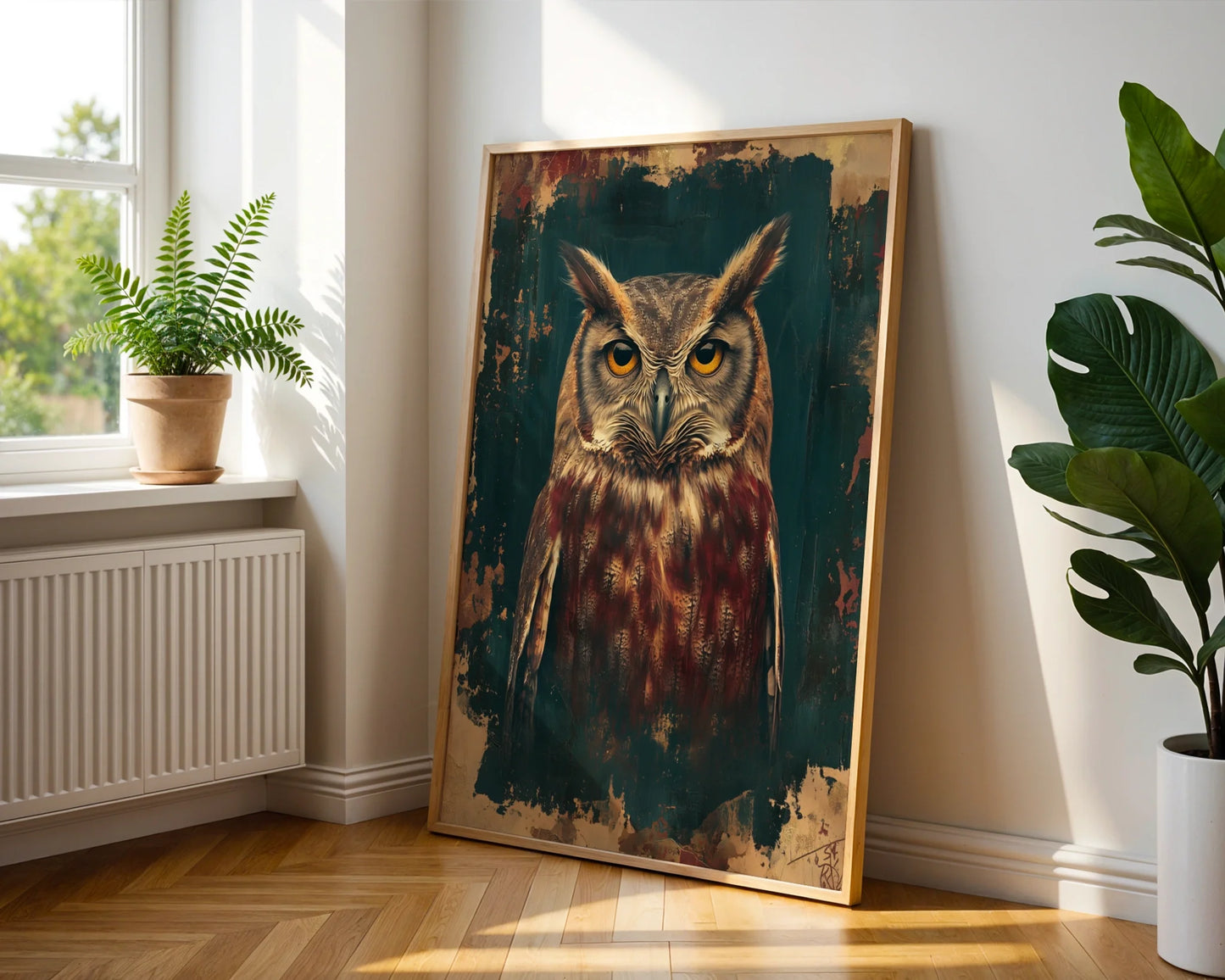 Dark Academia Owl Canvas Wall Art Bronze Patina Amber Eyes — Moody artwork featuring wise owl with oxidized texture for atmospheric interior design