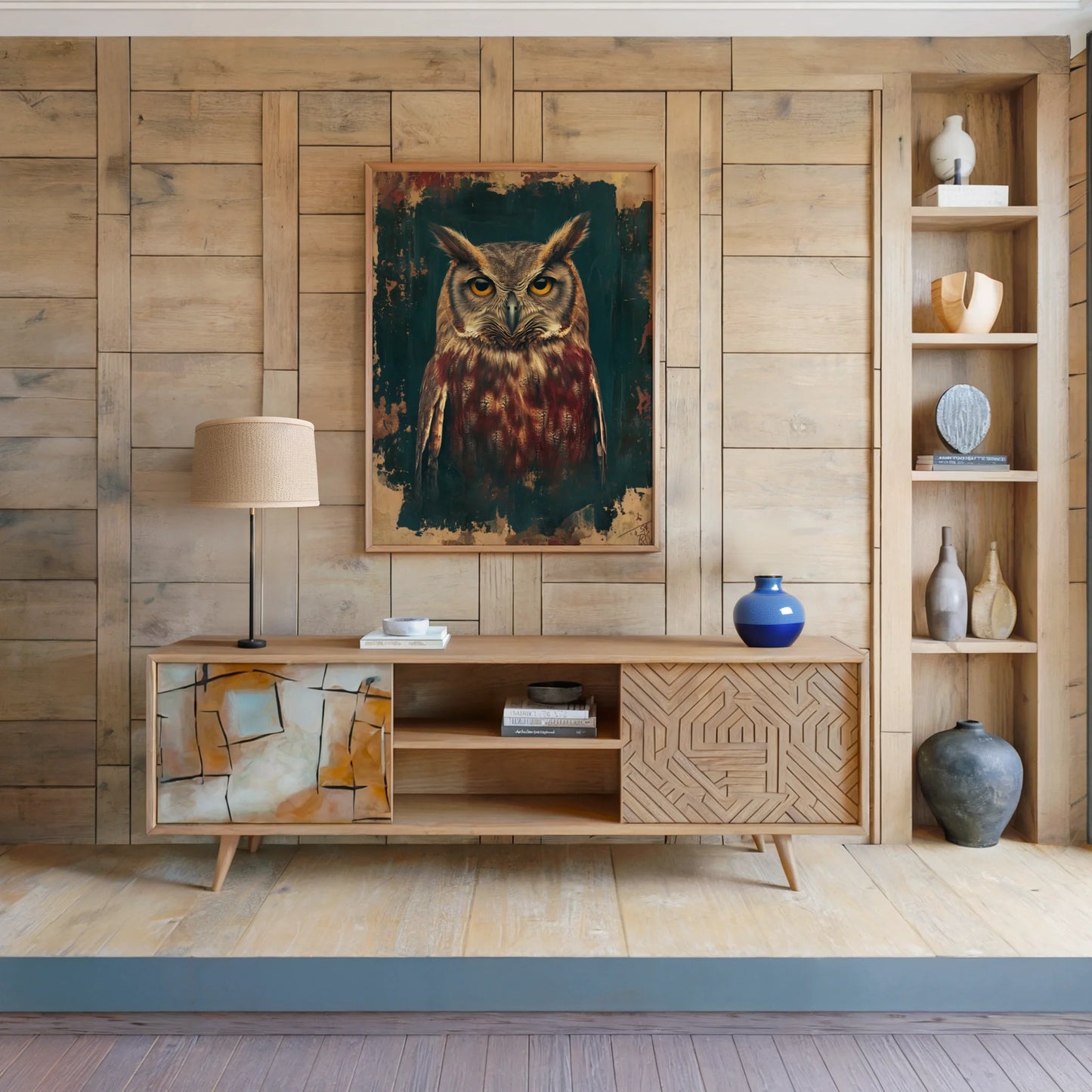 Dark Academia Owl Canvas Wall Art Bronze Patina Amber Eyes — Rustic style canvas showcasing noble owl with gleaming gaze for cozy library aesthetics