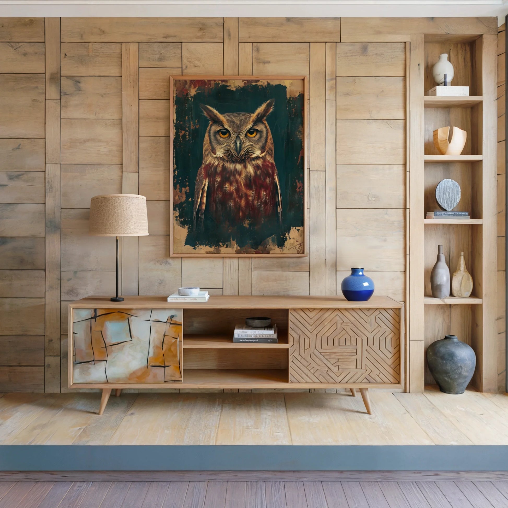 Dark Academia Owl Bronze Patina Amber Eyes in room
