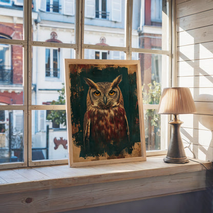 Dark Academia Owl Bronze Patina Amber Eyes in room