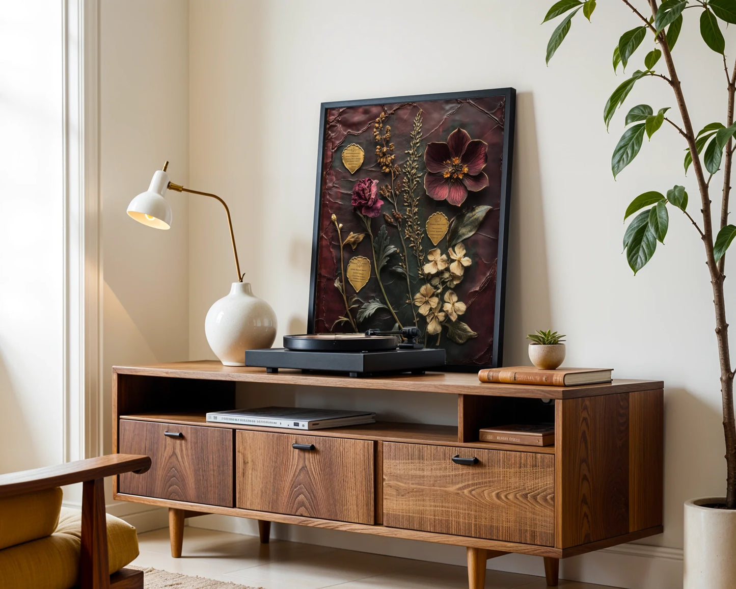 Pressed Flower Herbarium Cracked Amber Glass in room