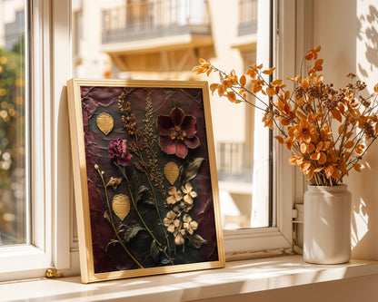 Pressed Flower Herbarium Cracked Amber Glass Canvas Wall Art — Gothic library vibes with antique flower collections displayed in rich burgundy tones for vintage decor