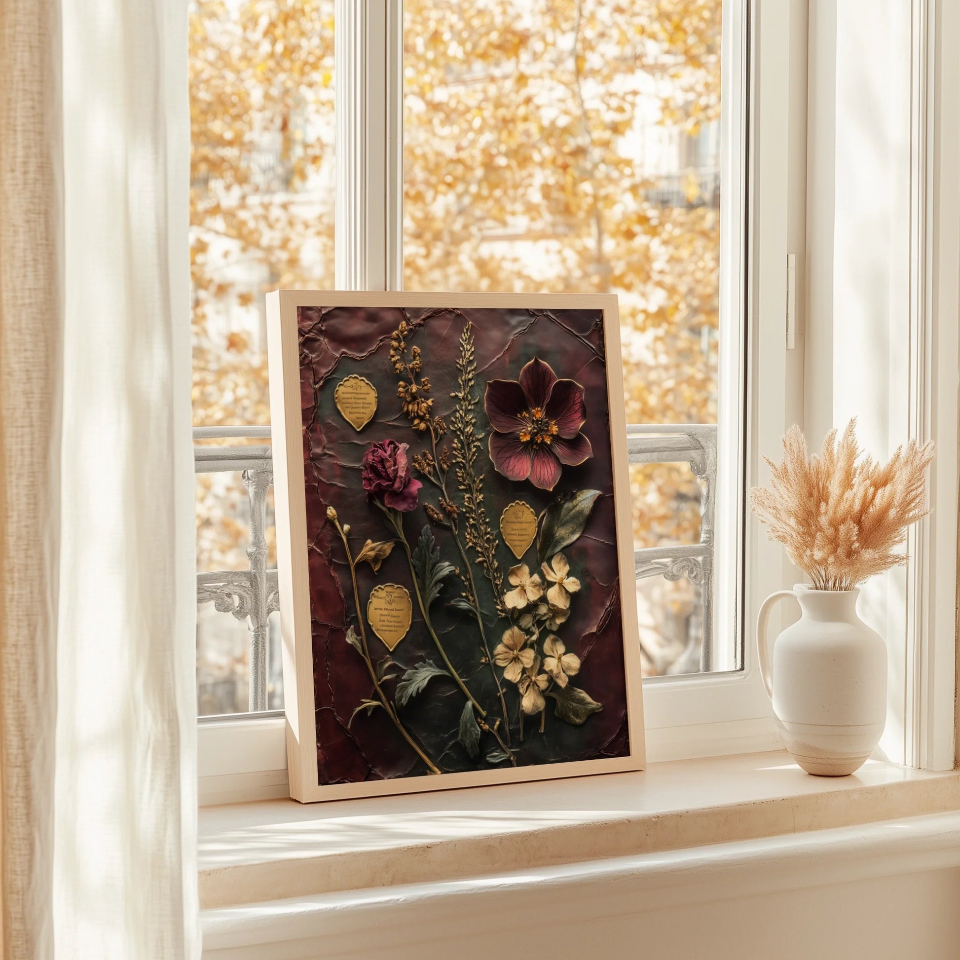 Pressed Flower Herbarium Cracked Amber Glass Canvas Wall Art — Classic academic atmosphere created by ancient plant archives framed in deep mahogany tones