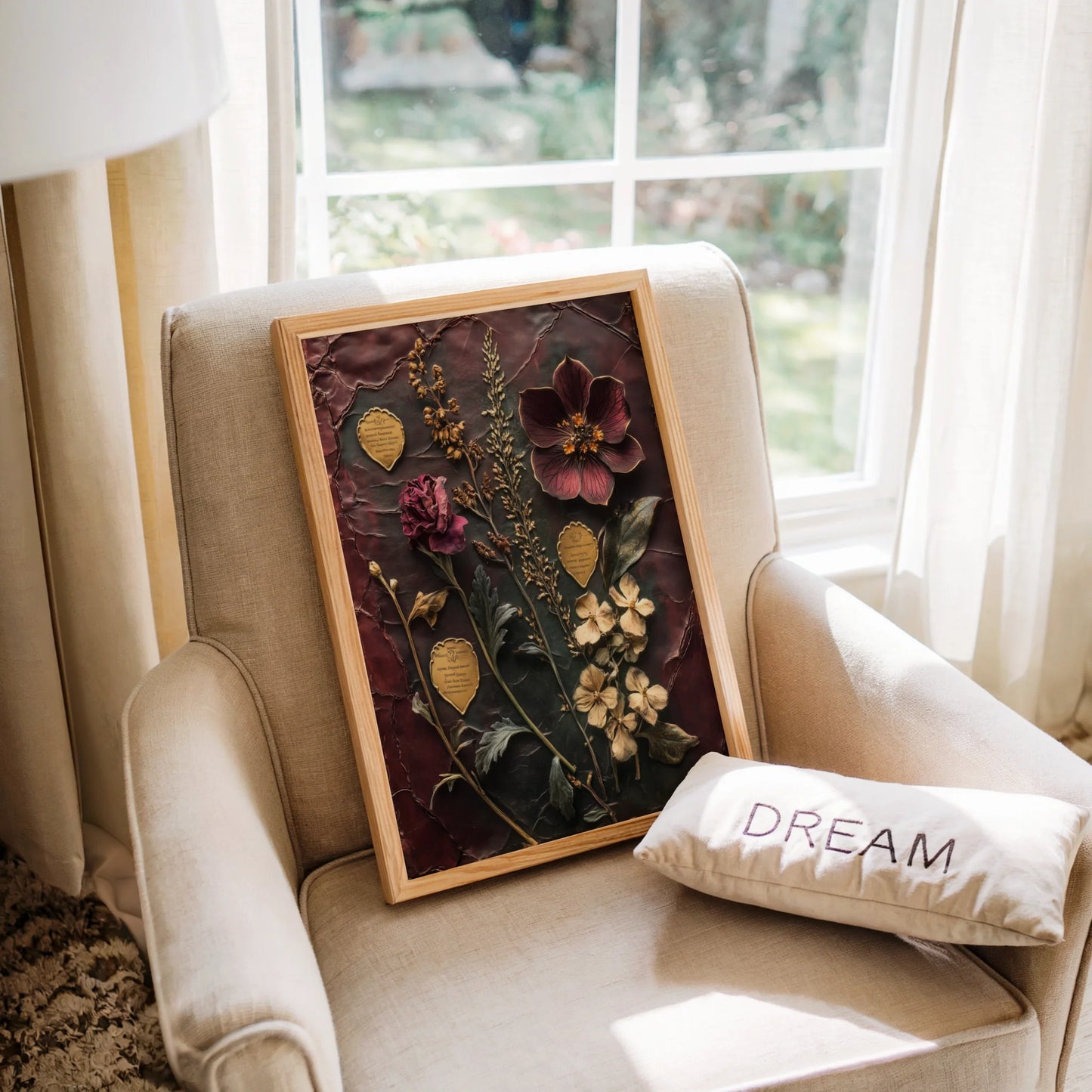 Pressed Flower Herbarium Cracked Amber Glass Canvas Wall Art — Rich wine-colored canvas displaying oxidized metal accents and textured glass surfaces