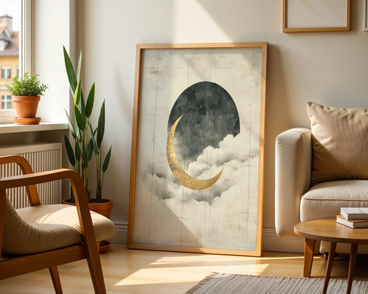 Gold Crescent Moon Storm Clouds Japandi Canvas Wall Art — Modern farmhouse living room featuring minimalist canvas artwork with textured lunar imagery and soft neutrals
