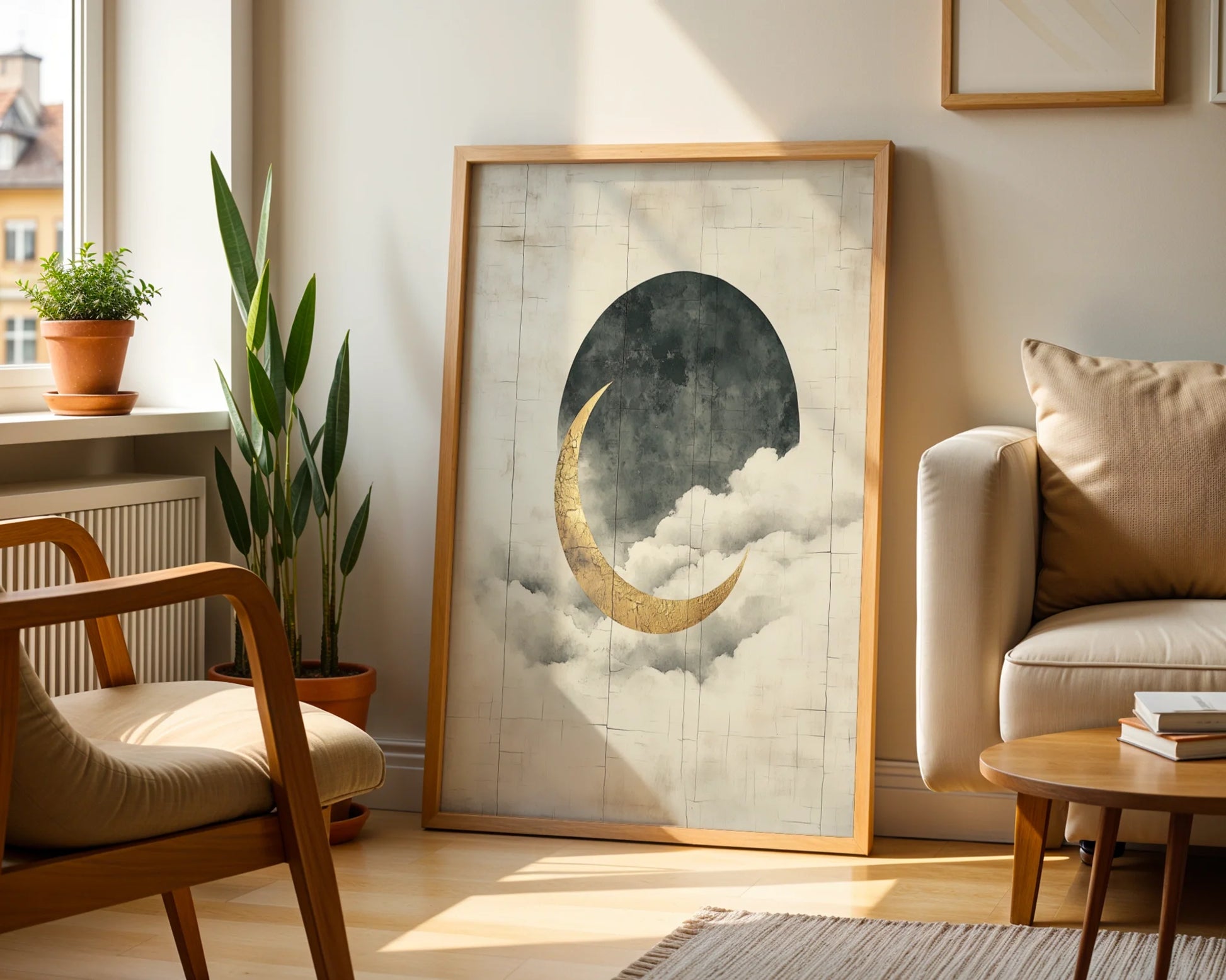 Gold Crescent Moon Storm Clouds Japandi in room