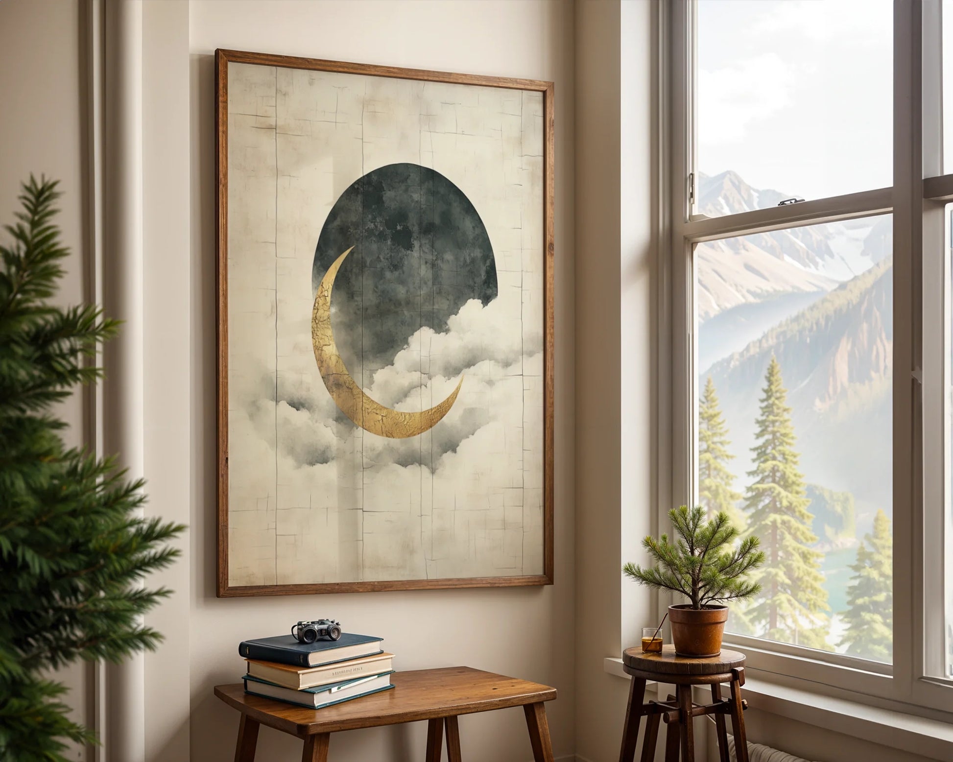 Gold Crescent Moon Storm Clouds Japandi Canvas Wall Art — Scandinavian-inspired interior showcasing atmospheric nighttime landscape print in muted earth tones