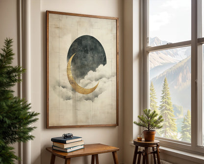 Gold Crescent Moon Storm Clouds Japandi Canvas Wall Art — Scandinavian-inspired interior showcasing atmospheric nighttime landscape print in muted earth tones