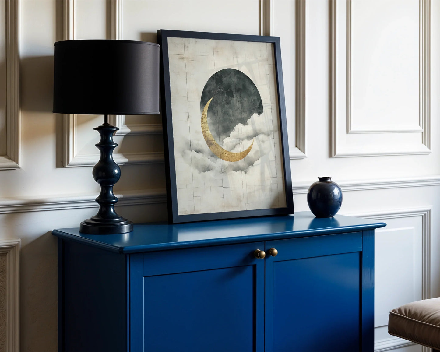 Gold Crescent Moon Storm Clouds Japandi in room