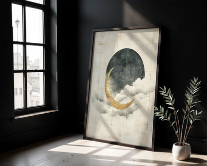 Gold Crescent Moon Storm Clouds Japandi in room