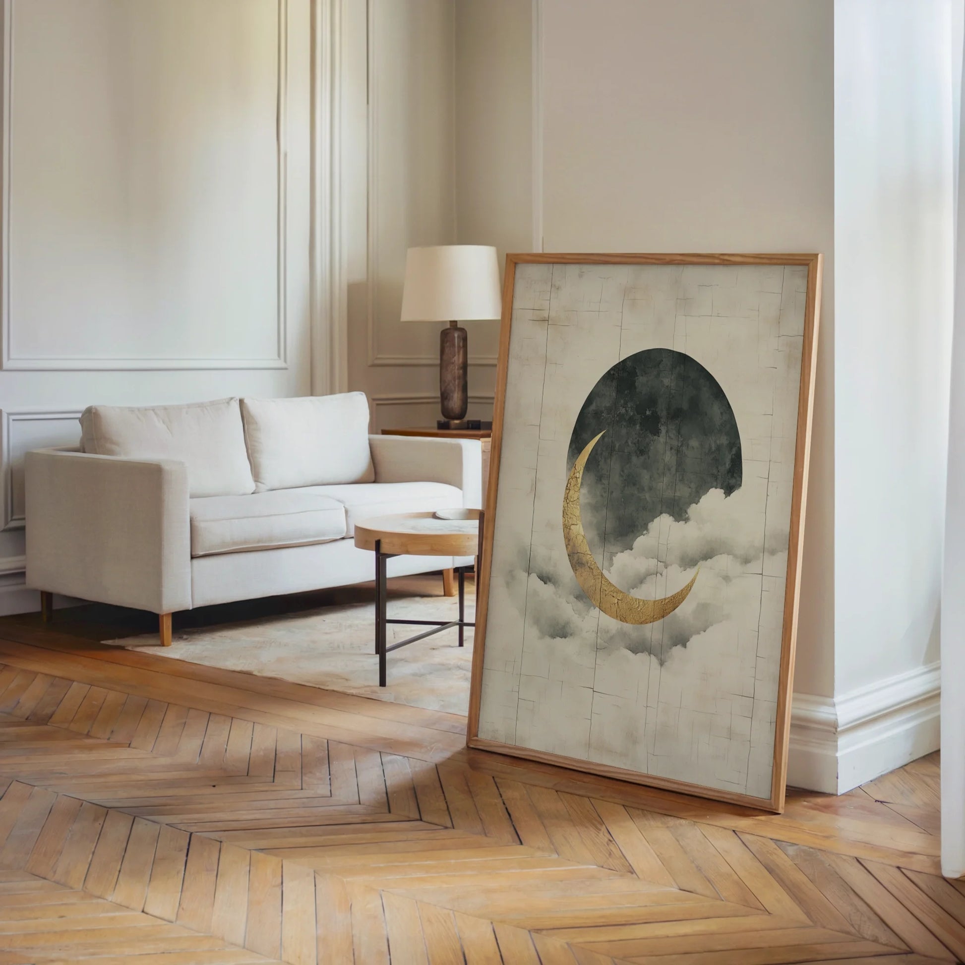 Gold Crescent Moon Storm Clouds Japandi in room