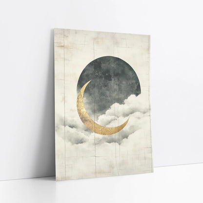 Gold Crescent Moon Storm Clouds Japandi art print