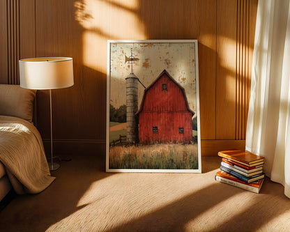 Red Barn Silo Farmhouse Distressed Canvas Wall Art — Cottage-style canvas displaying weathered agricultural buildings in neutral tones for traditional home styling