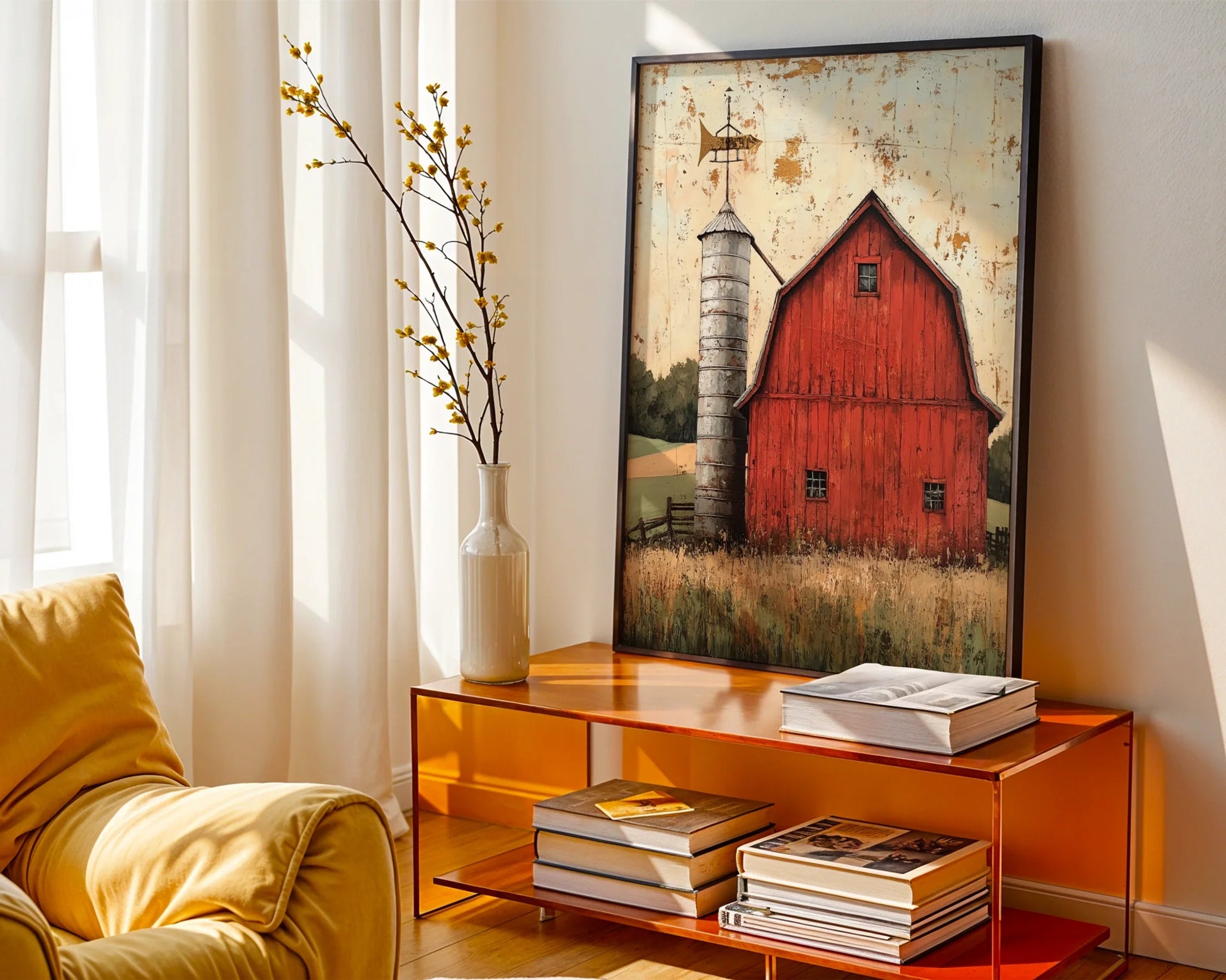 Red Barn Silo Farmhouse Distressed Canvas Wall Art — Heritage-inspired artwork depicting classic red outbuilding on canvas for Americana home collections