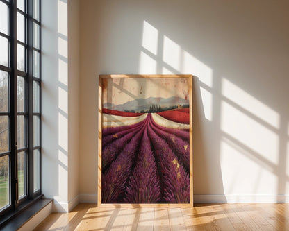 Lavender Field Painting Provence Cypress Trees Canvas Wall Art — Country cottage artwork featuring rolling herb gardens with tall trees dotting the horizon line