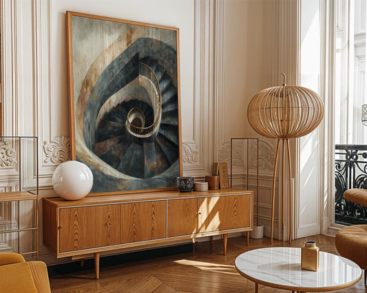 Spiral Staircase Art Golden Railings Stone Canvas Wall Art — Sophisticated canvas showcasing curved steps with brass handrails for refined interior design