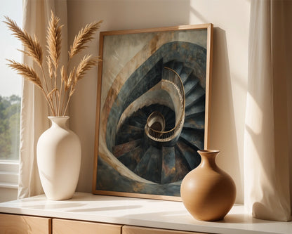 Spiral Staircase Art Golden Railings Stone Canvas Wall Art — Contemporary artwork featuring descending stone steps with metallic details for upscale spaces