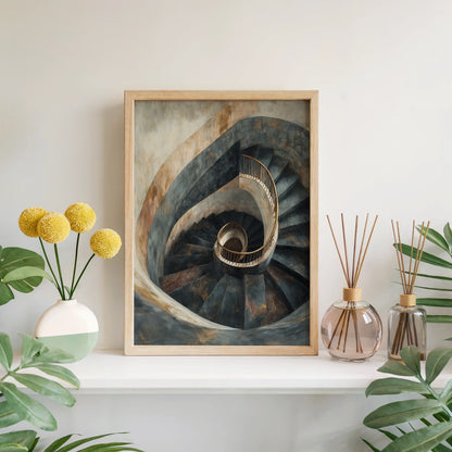 Spiral Staircase Art Golden Railings Stone Canvas Wall Art — Chic architectural canvas featuring winding stone steps for elevated interior decor
