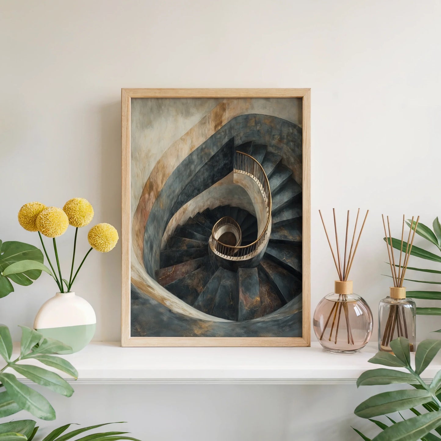 Spiral Staircase Art Golden Railings Stone in room