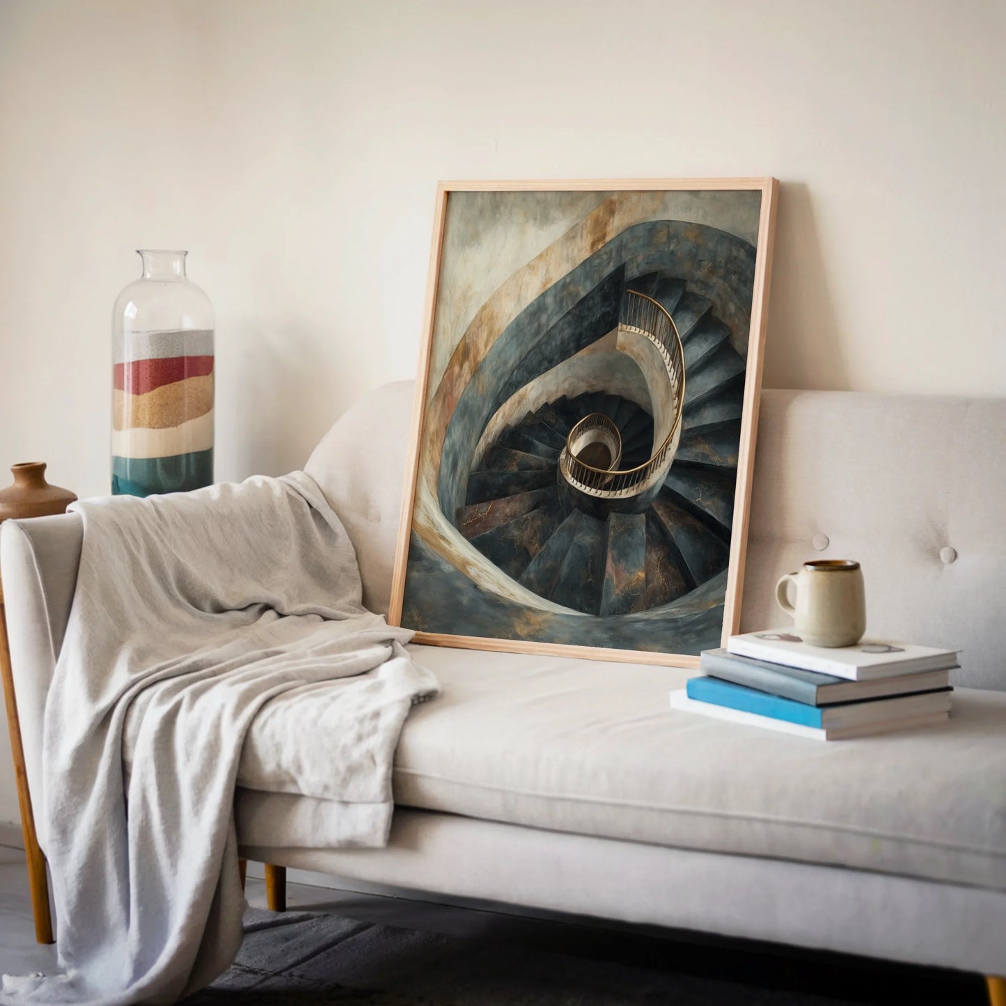 Spiral Staircase Art Golden Railings Stone in room