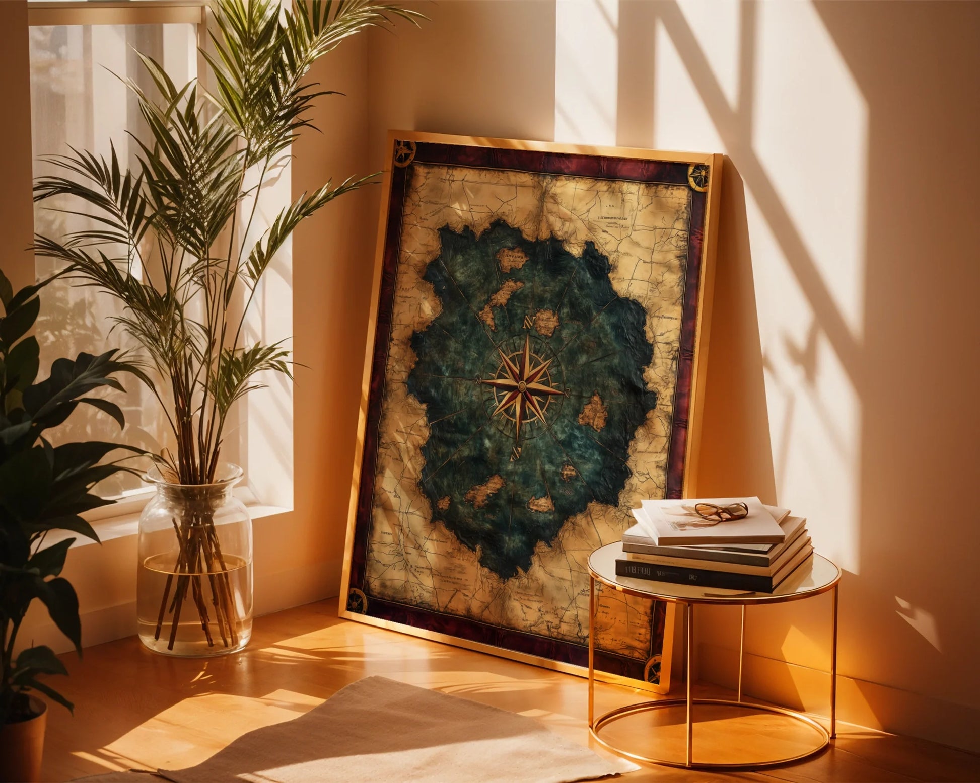 Antique Nautical Map Dark Academia Archipelago Canvas Wall Art — Mysterious island maps rendered in aged copper hues complement romantic home styling perfectly