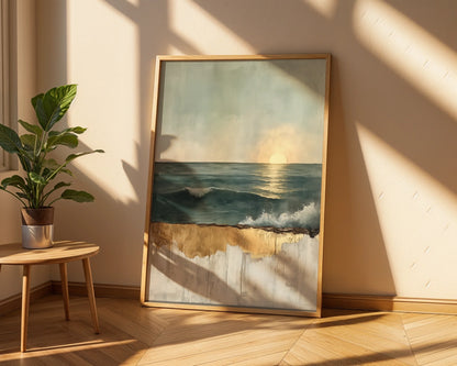 Ocean Sunset Gold Dripping Paint in room