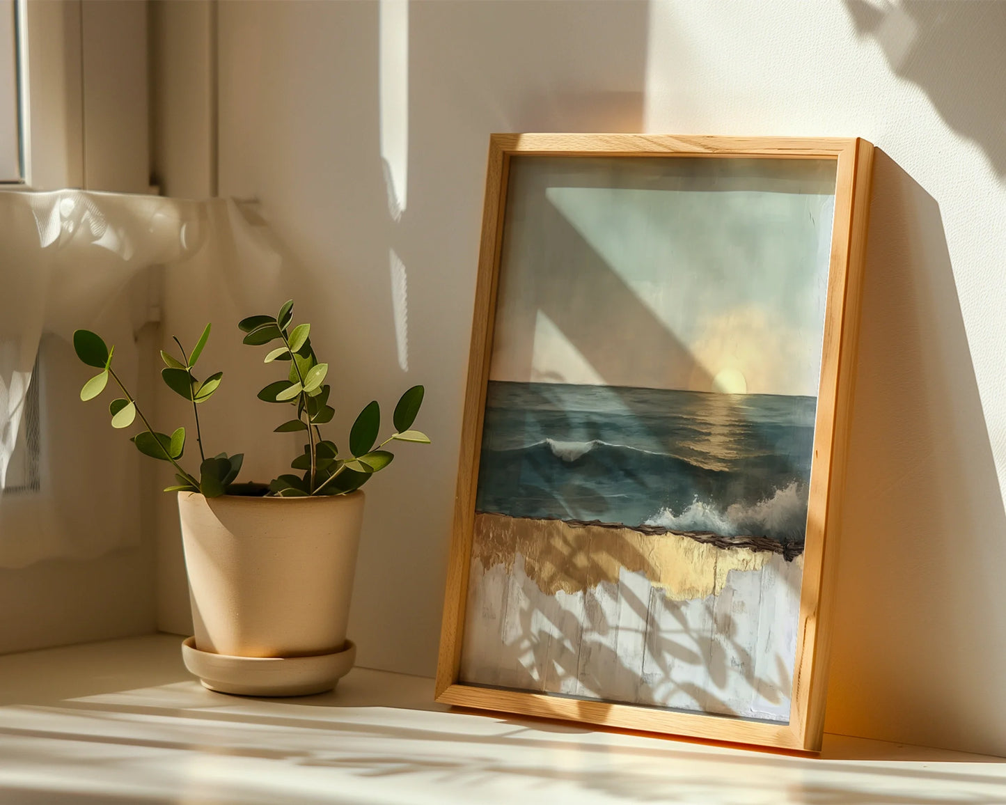 Ocean Sunset Gold Dripping Paint in room