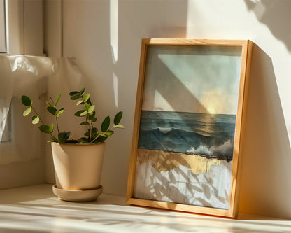 Ocean Sunset Gold Dripping Paint in room