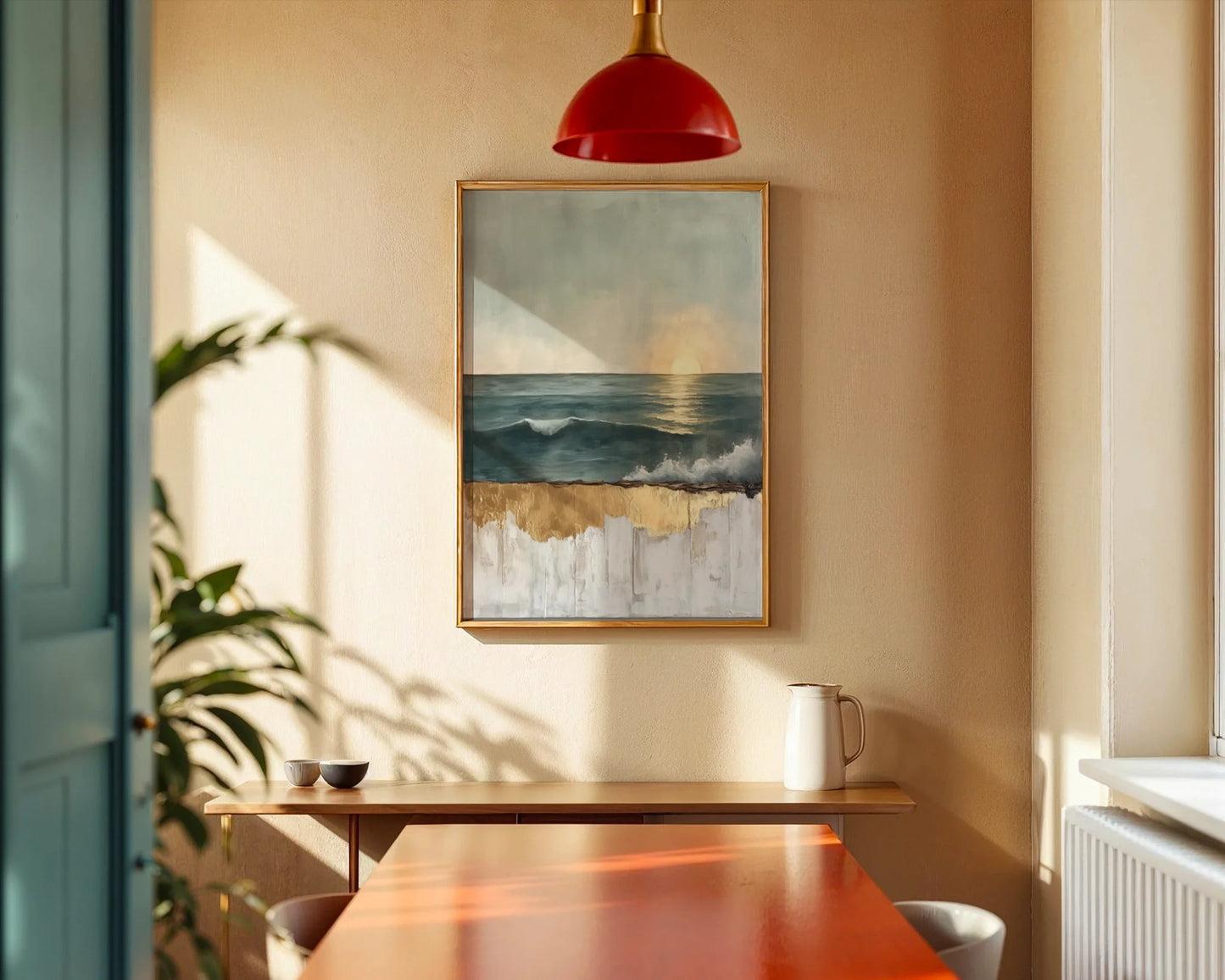 Ocean Sunset Gold Dripping Paint Canvas Wall Art — Rustic shoreline art displaying eroded surface with molten metallic flows for farmhouse style decor