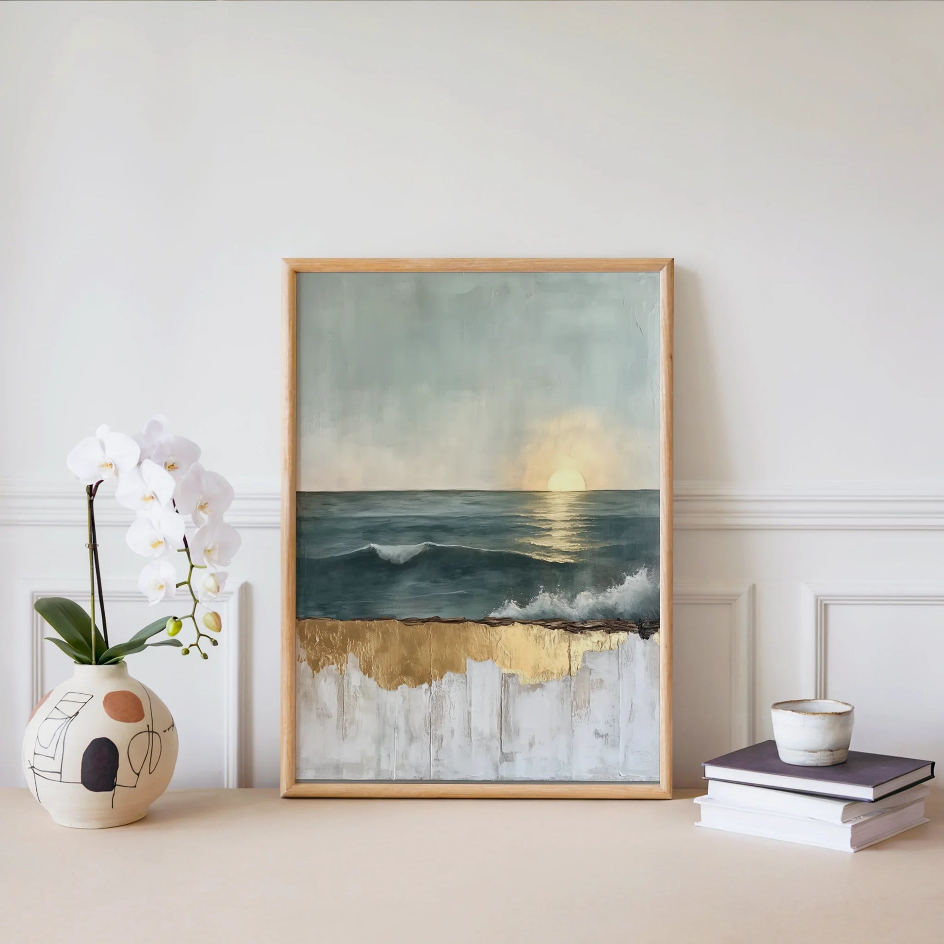 Ocean Sunset Gold Dripping Paint in room